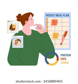 Essensplanung. Die Frauen erwägen eine ausgewogene Ernährung mit einer wöchentlichen Übersicht über den Speiseplan, um die Verschwendung von Lebensmitteln zu verringern. Flache Vektorgrafik.