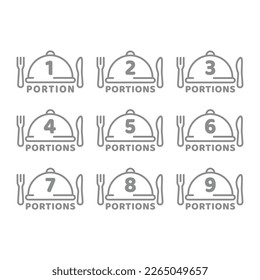 Meal portion size with dish cover vector icon set. One, two food portions line icons.