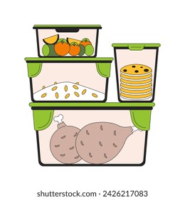 Meal prep containers plastic 2D linear cartoon object. Plastic food packaging isolated line vector element white background. Lunch boxes. Storage leftovers thanksgiving color flat spot illustration