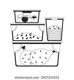 Meal prep containers plastic black and white 2D line cartoon object. Plastic food packaging isolated vector outline item. Lunch boxes. Storage leftovers monochromatic flat spot illustration