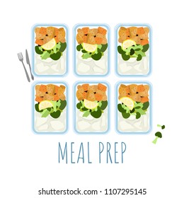 Meal Prep Containers With Salmon, Broccoli And Potato. Vector Illustration