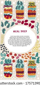 La preparación de la comida recrea banner vertical o plantilla de volante con espacio de texto. Ensaladas en jarras e ingredientes vegetales. Saludable preparan el almuerzo antes del almuerzo. Colorida ilustración vectorial hecha a mano.