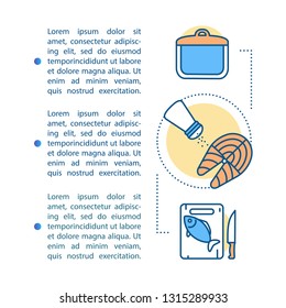 Meal preparation article page vector template. Cooking. Brochure, magazine, booklet design element with linear icons, text boxes. Fish processing. Print design. Concept illustrations with text space