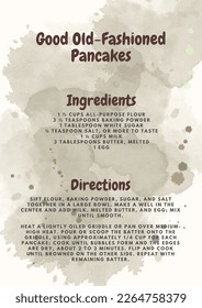 Meal preparation and cooking ingredients for pancakes. Template for food recipe, card, sheet, layout, banner, web design, cookbook or brochure. Vector illustration. Coffee stains.