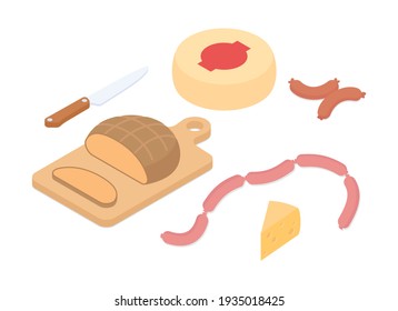 Meal preparation, grocery shopping set. Isometric vector illustration in flat design.