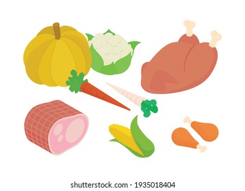 Meal Preparation, Grocery Shopping, Thanksgiving Set. Isometric Vector Illustration In Flat Design.