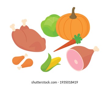 Meal Preparation, Grocery Shopping, Thanksgiving Set. Isometric Vector Illustration In Flat Design.