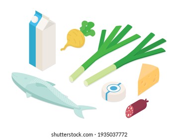 Meal preparation set, grocery shopping. Isometric vector illustration in flat design.