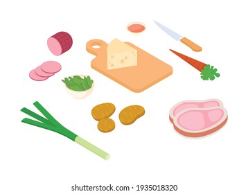 Meal preparation set. Isometric vector illustration in flat design.