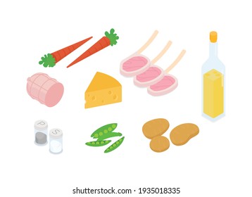 Meal preparation set. Isometric vector illustration in flat design.