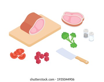 Meal preparation set. Isometric vector illustration in flat design.
