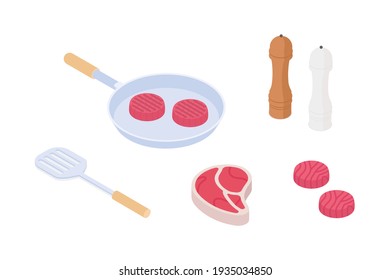 Meal preparation set, meat, steak. Isometric vector illustration in flat design.