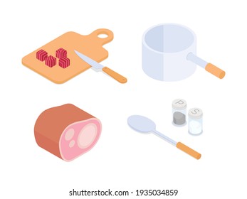 Equipo de preparación de la comida, carne, filete. Isometric vectorial ilustración en diseño plano.