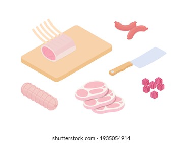 Meal preparation set, meat, steak. Isometric vector illustration in flat design.