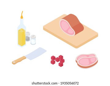 Meal preparation set, meat, steak. Isometric vector illustration in flat design.