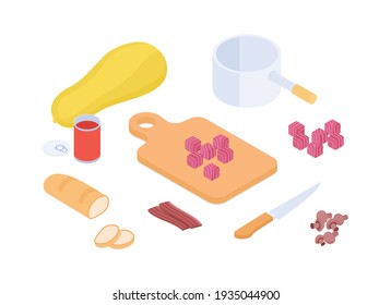 Meal preparation set - vegetable and meat stew. Isometric vector illustration in flat design.