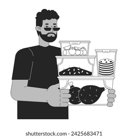 Meal prepping black and white cartoon flat illustration. Healthy lifestyle. Black man 2D lineart character isolated. Energy efficient cooking. Saving energy at home monochrome vector outline image