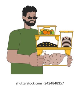 Meal prepping line cartoon flat illustration. Healthy lifestyle. Black man 2D lineart character isolated on white background. Energy efficient cooking. Saving energy at home scene vector color image