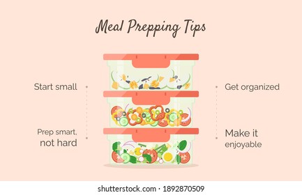 Meal prepping tips horizontal banner template with fresh vegetables, fruits and nuts stored in containers. Healthy and tasty food. Modern lifestyles. Saving money and time through meal prep.