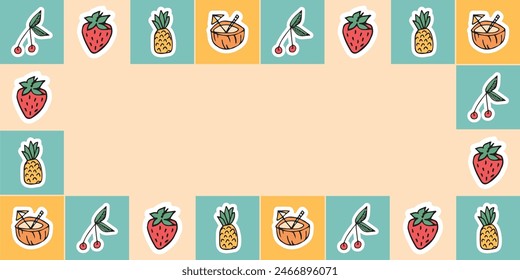 meal. products. a pineapple. strawberry. coconut. soda. frame. postcard. pattern. example. doodle. retro colors. ice cream. fruits.