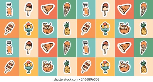 comida. productos. una piña. fresa. coco. soda. marco. postal. patrón. ejemplo. garabato. colores retro. helado. frutas. el patrón. sin fisuras. patrón sin fisuras.