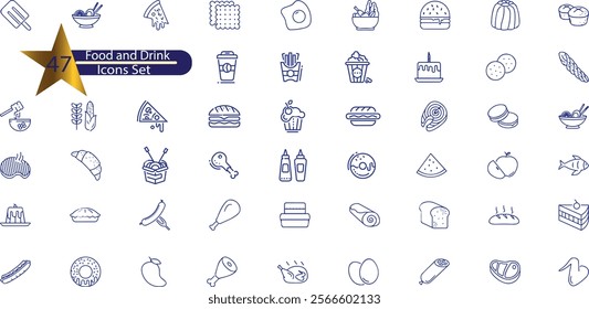 Meal Related Vector Line Icons. Contains such Icons as Fruit Basket, Noddles