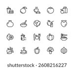 Meal related vector linear icons set. Contains such icons as fast food, orange, coffee, apple, juice, pomegranate, food, meal and more. Isolated food related icons collection on white background.