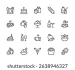 Meal related vector linear icons set. Contains such icons as plate, cake, juice, shashlik, steak, ice cream, sushi, nutrition and more. Isolated food related icons collection on white background.