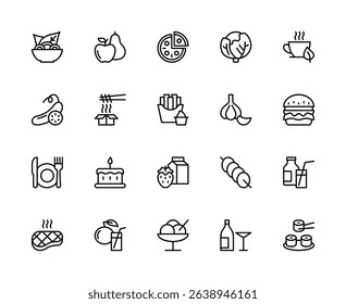 Meal related vector linear icons set. Contains such icons as salad, apple, pear, pizza, coffee, tea, cabbage, cucumber, food and more. Isolated food related icons collection on white background.