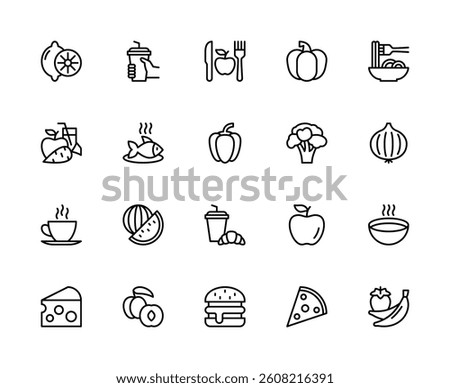 Meal related vector linear icons set. Contains such icons as lemon, cocktail, apple, fork, knife, carrot, fish, pepper, broccoli and more. Isolated food related icons collection on white background.