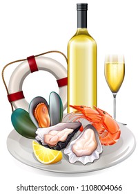 Meal of seafood with white wine illustration