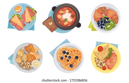 Meal Served on Plate with Napkin Rested Underneath it Top View Vector Set