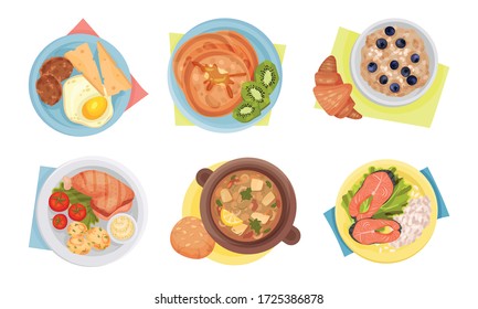 Meal Served on Plate with Napkin Rested Underneath it Top View Vector Set