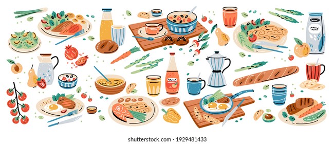 Meal Served on Plate. Set of healthy different breakfast, lunch and dinner. Tasty food and drink isolated on white background. Vector illustration