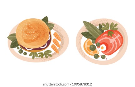 Meal Served on Plate Set, Healthy Traditional Food Dishes, Burger and Salmon Fish with Vegetables Cartoon Vector Illustration