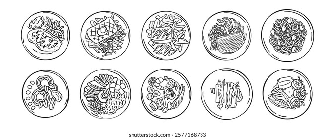 Meal served on plate top view hand drawn doodle icons vector set. Outline drawing line clipart symbol hand drawn fried meal collection. Vector illustration