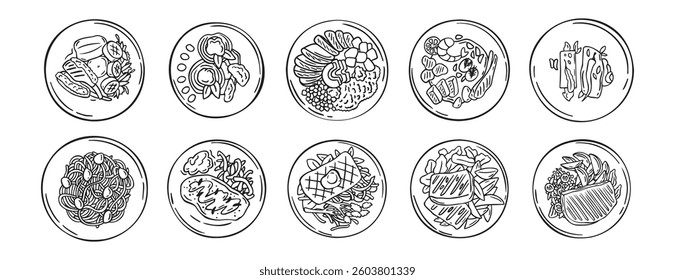 Meal served on plate top view hand drawn doodle icons vector set. Outline drawing line clipart symbol hand drawn fried meal collection. Vector illustration