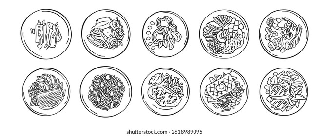 Meal served on plate top view hand drawn doodle icons vector set. Outline drawing line clipart symbol hand drawn fried meal collection. Vector illustration