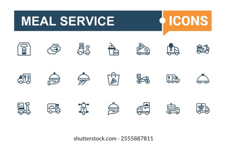 Meal Service line icon collections. Featuring truck, line, colorful, online, send, web, motorcycle, catering. Minimalist thin linear icon. Solid line editable stroke. Vector line and solid icons.