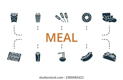 Meal set. Creative icons: french fries, popcorn, corndog, donut, chicken nugget, takoyaki, burrito, noodles, hot dog, taco.