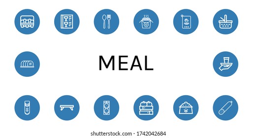 meal simple icons set. Contains such icons as Eggs, Menu, Cutlery, Noodles, Mayonnaise, Picnic basket, Crisps, Breakfast tray, Burger, Dumpling, can be used for web, mobile and logo