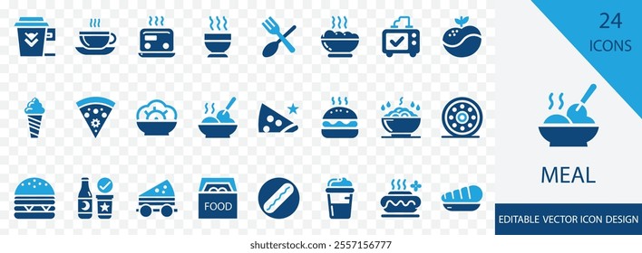 Meal solid icon set. Containing Dinner, lunch, breakfast, snack, food, spoon and more Vector solid icons collection