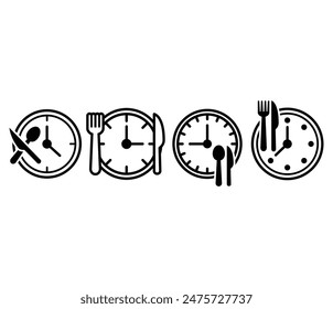 meal time clock fork knife icons symbol vector design simple line illustration collection set isolated