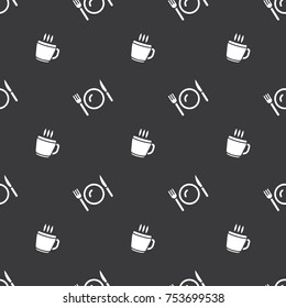 Meal Time Cup Of Hot Drink And Cutlery Seamless Pattern Dark Silhouette Background