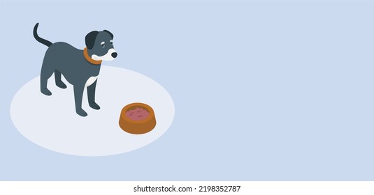 Hora de la comida. perro hambriento de salchicha dachshund. Retrato de un perro chihuahua de pelo corto negro sentado al lado de un tazón de comida para perros. esperando su comida. El concepto de salud o comportamiento de las mascotas. ilustración vectorial