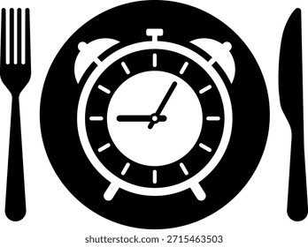 Conjunto de iconos de hora de comida. Placa de comedor con reloj, cuchillo y tenedor, restaurante, culinario, comedor. Concepto de Tiempo para Comer. Icono de cubiertos. Cuchara, tenedores, cuchillo. Ilustración vectorial aislada