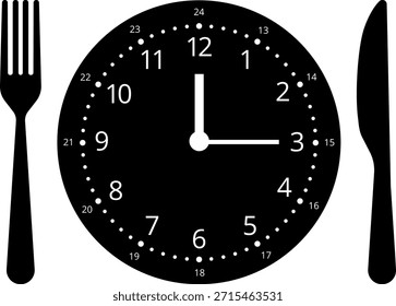Meal Time Icon Set. Dining plate With Clock, Knife And Fork, Restaurant, Culinary, Dining. Time to Eat Concept. Cutlery icon. Spoon, forks, knife. Isolated Vector Illustration