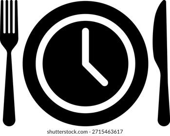 Conjunto de iconos de hora de comida. Placa de comedor con reloj, cuchillo y tenedor, restaurante, culinario, comedor. Concepto de Tiempo para Comer. Icono de cubiertos. Cuchara, tenedores, cuchillo. Ilustración vectorial aislada