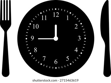 Conjunto de iconos de hora de comida. Placa de comedor con reloj, cuchillo y tenedor, restaurante, culinario, comedor. Concepto de Tiempo para Comer. Icono de cubiertos. Cuchara, tenedores, cuchillo. Ilustración vectorial aislada