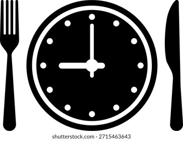 Meal Time Icon Set. Dining plate With Clock, Knife And Fork, Restaurant, Culinary, Dining. Time to Eat Concept. Cutlery icon. Spoon, forks, knife. Isolated Vector Illustration